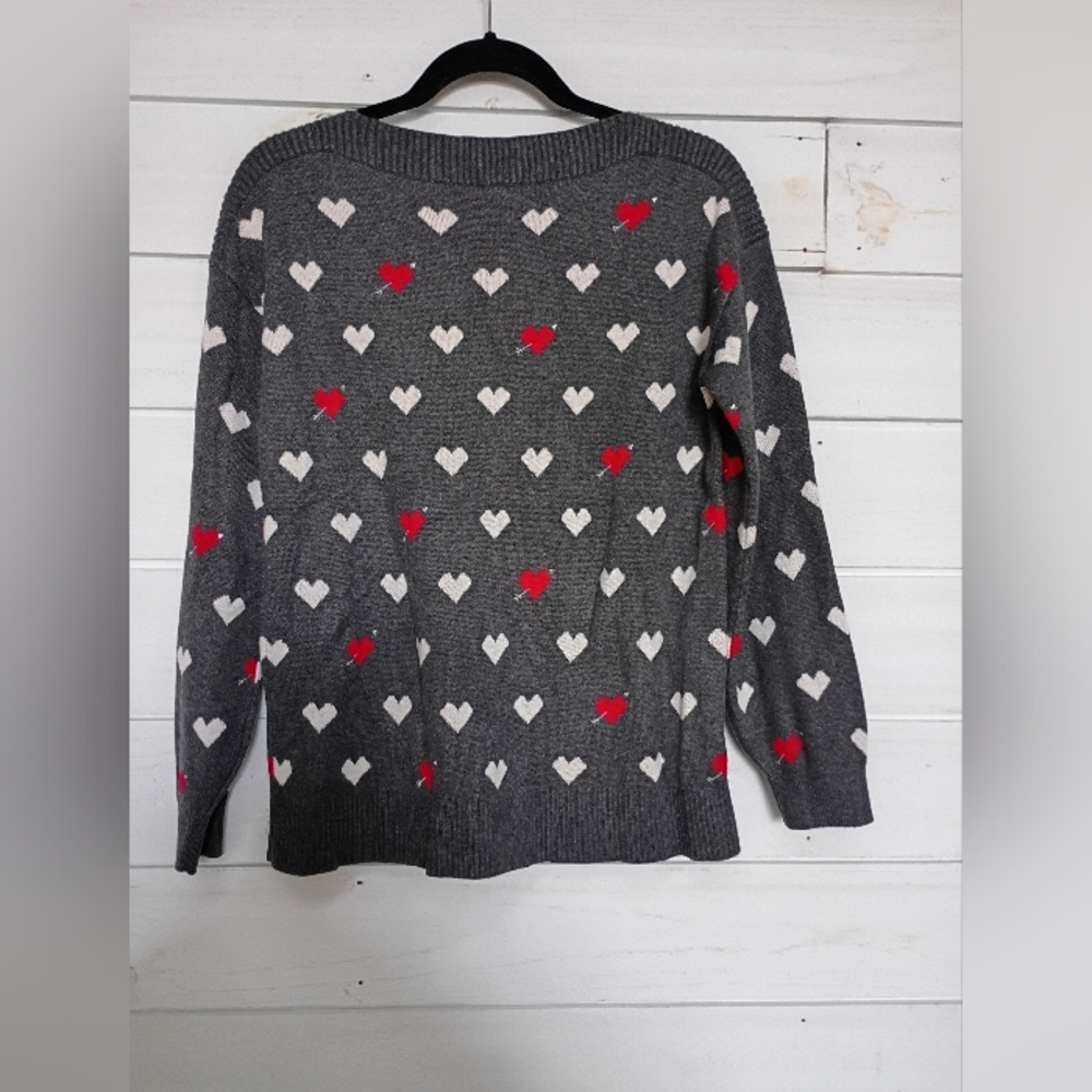 LOFT Gray Sweater with Red and White Heart Patterns - Picture 3 of 6